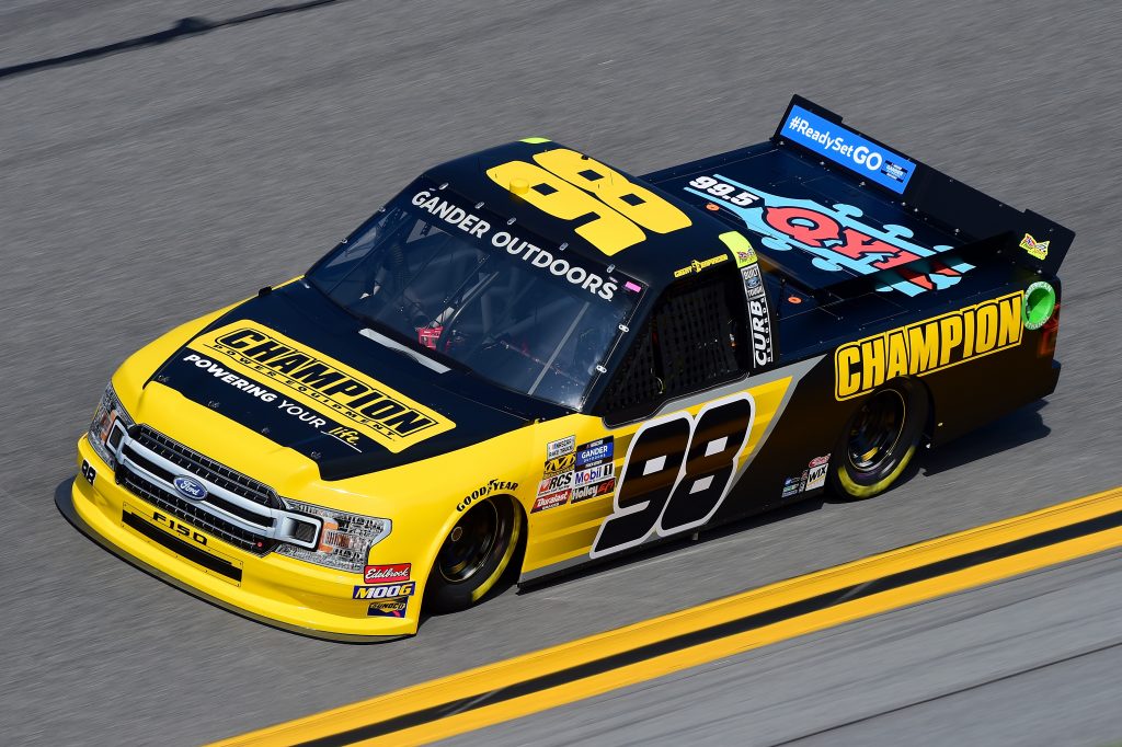 DAYTONA BEACH, FL - FEBRUARY 14:  Grant Enfinger, driver of the #98 Champion Power Equipment Ford, practices for the NASCAR Gander Outdoor Truck Series NextEra Energy 250 at Daytona International Speedway on February 14, 2019 in Daytona Beach, Florida.  (Photo by Jared C. Tilton/Getty Images) | Getty Images