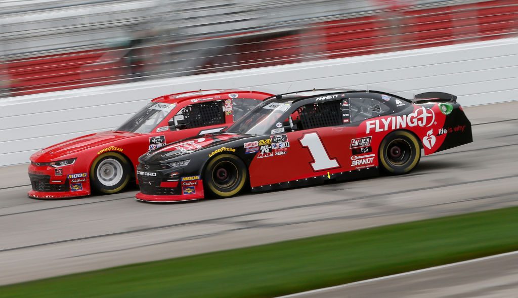 HAMPTON, GA - FEBRUARY 23: Michael Annett, driver of the #1 Pilot Flying J/American Heart Association Chevrolet, races Ross Chastain, driver of the #4 teamjdmotorsports.com Chevrolet, , during the NASCAR Xfinity Series Rinnai 250 at Atlanta Motor Speedway on February 23, 2019 in Hampton, Georgia. (Photo by Brian Lawdermilk/Getty Images) | Getty Images