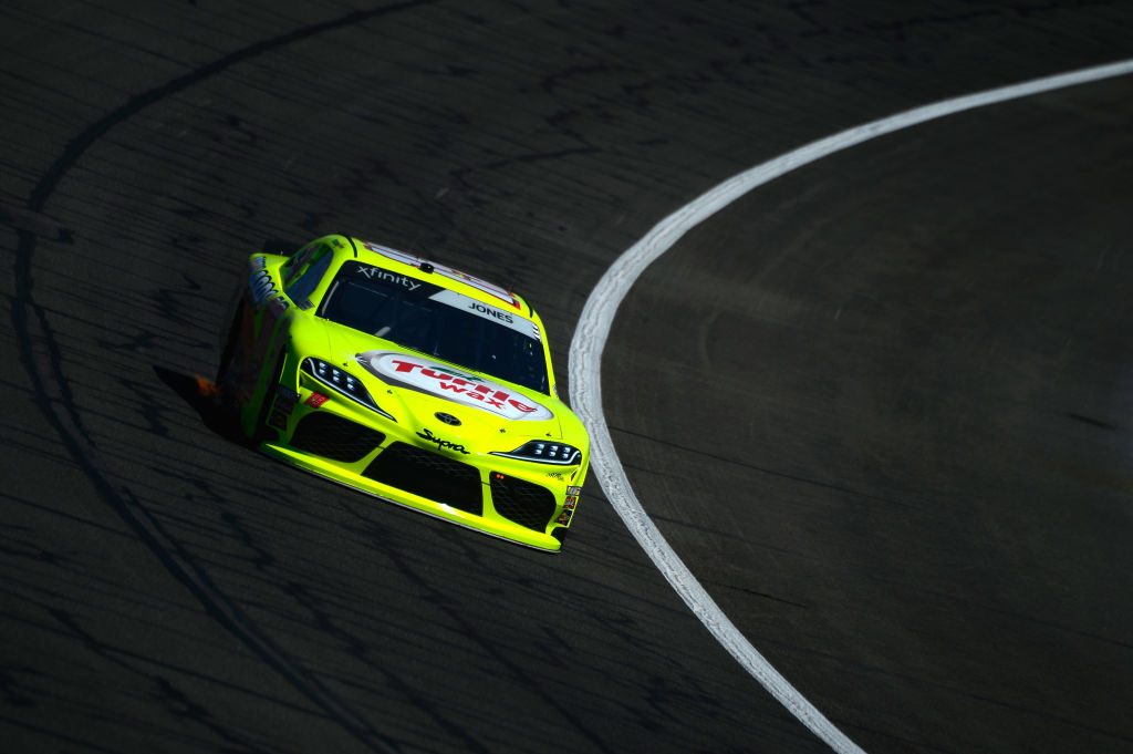 FONTANA, CA - MARCH 15: Brandon Jones, driver of the #19 Menards Toyota, during practice for the NASCAR Xfinity Series Production Alliance Group 300 at Auto Club Speedway on March 15, 2019 in Fontana, California. (Photo by Robert Laberge/Getty Images) | Getty Images