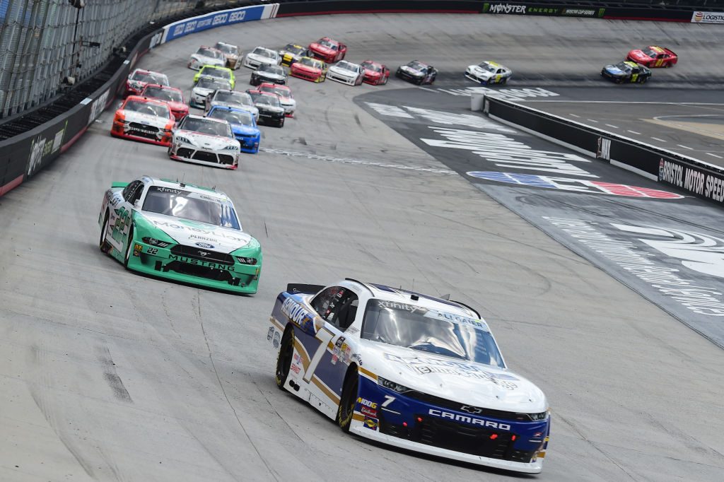 BRISTOL, TN - APRIL 06: Justin Allgaier, driver of the #7 ARMOUR Vienna Sausage Chevrolet, leads a pack of cars during the NASCAR Xfinity Series Alsco 300 at Bristol Motor Speedway on April 6, 2019 in Bristol, Tennessee. (Photo by Jared C. Tilton/Getty Images) | Getty Images