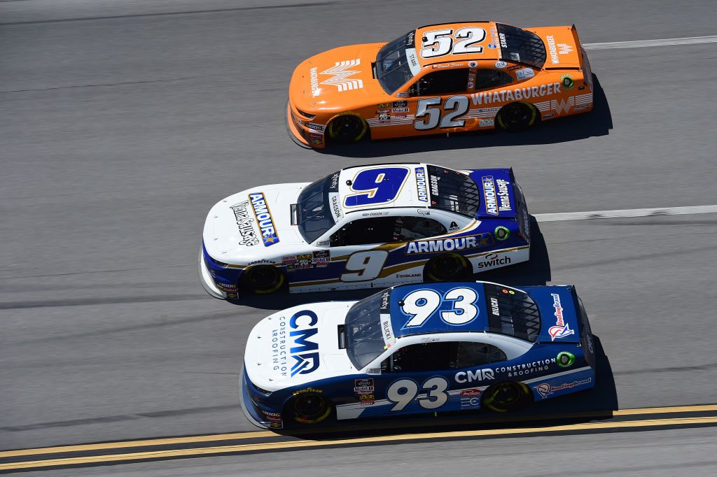 TALLADEGA, AL - APRIL 27: Josh Bilicki, driver of the #93 CMR Construction & Roofing Chevrolet, Noah Gragson, driver of the #9 ARMOUR Vienna Sausage Chevrolet, and David Starr, driver of the #52 Whataburger Chevrolet, race during the NASCAR Xfinity Series MoneyLion 300 at Talladega Superspeedway on April 27, 2019 in Talladega, Alabama. (Photo by Jared C. Tilton/Getty Images) | Getty Images