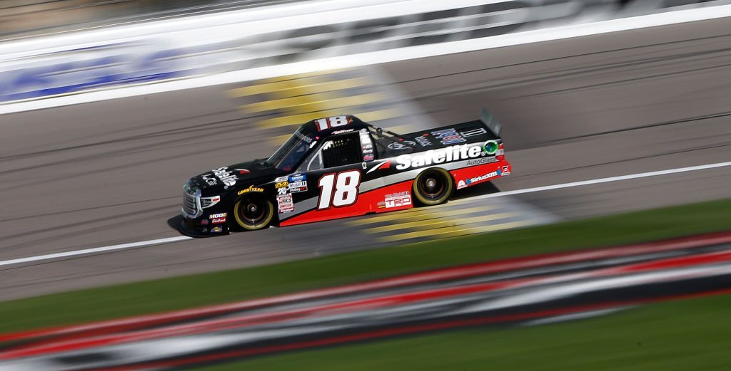 KANSAS CITY, KS - MAY 10: Harrison Burton, driver of the #18 Safelite AutoGlass Toyota, practices for the NASCAR Gander Outdoors Truck Series Digital Ally 250 at Kansas Speedway on May 10, 2019 in Kansas City, Kansas. (Photo by Brian Lawdermilk/Getty Images) | Getty Images