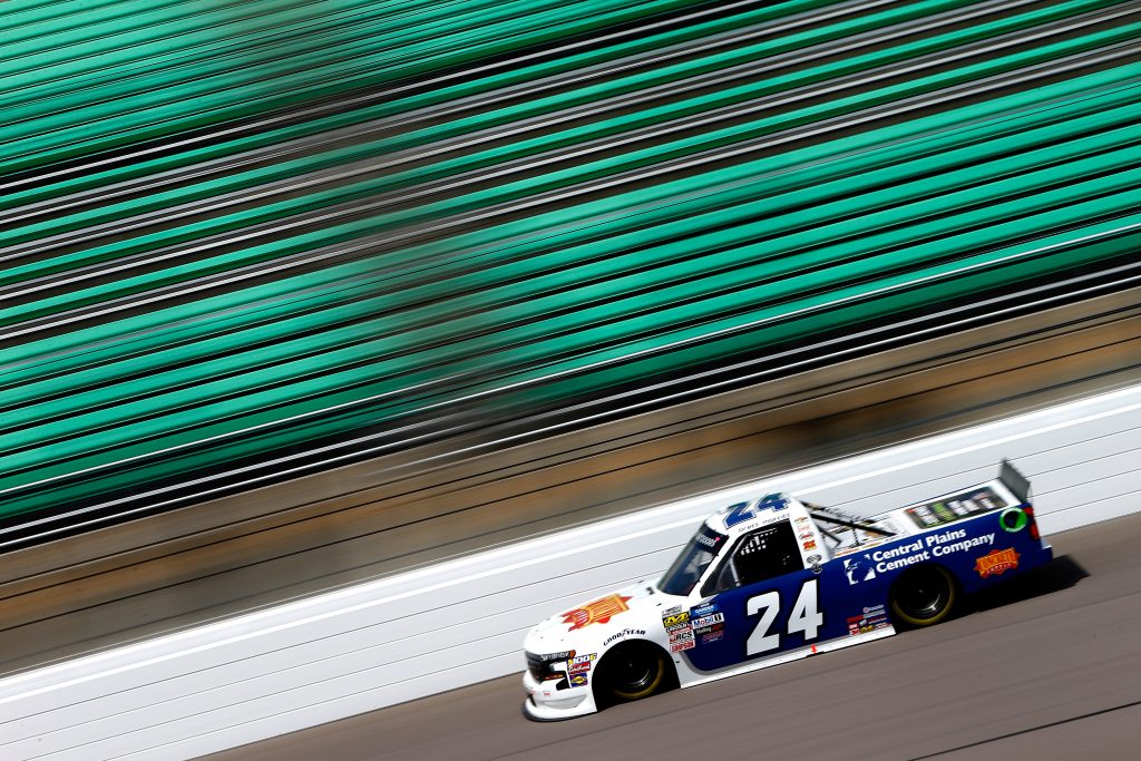 KANSAS CITY, KS - MAY 10: Brett Moffitt, driver of the #24 Concrete Supply/Central Plains Cement Co. Chev., drives during practice for the NASCAR Gander Outdoors Truck Series Digital Ally 250 at Kansas Speedway on May 10, 2019 in Kansas City, Kansas. (Photo by Jonathan Ferrey/Getty Images) | Getty Images