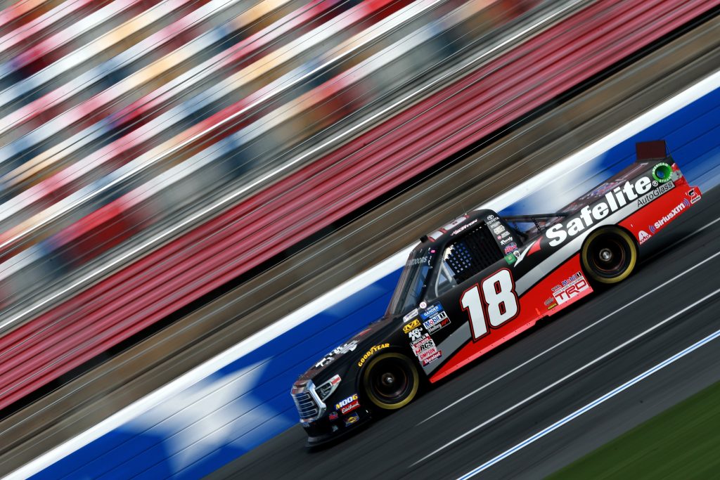 CHARLOTTE, NC - MAY 17: Harrison Burton, driver of the #18 Safelite AutoGlass Toyota, practices for the NASCAR Gander Outdoors Truck Series North Carolina Education Lottery 200 at Charlotte Motor Speedway on May 17, 2019 in Charlotte, North Carolina. (Photo by Sean Gardner/Getty Images) | Getty Images