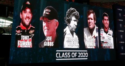 CHARLOTTE, NC - MAY 22: 2019  The class of Tony Stewart, Joe Gibbs, Waddell Wilson, Buddy Baker and Bobby Labonte are seen on a sign during the NASCAR 2020 Hall of Fame announcement ceremony at the NASCAR Hall of Fame on May 22, 2019 in Charlotte, North Carolina. (Photo by Jason Miczek/Getty Images) | Getty Images