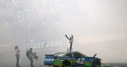 CHARLOTTE, NORTH CAROLINA - MAY 18: Kyle Larson, driver of the #42 Advent Health Chevrolet, celebrates winning the Monster Energy NASCAR Cup Series All-Star Race at Charlotte Motor Speedway on May 18, 2019 in Charlotte, North Carolina. (Photo by Sean Gardner/Getty Images) | Getty Images