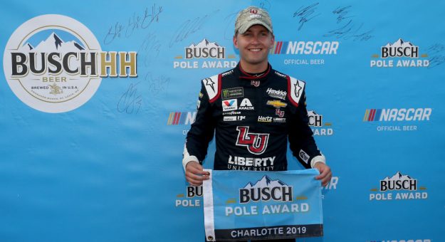 CHARLOTTE, NORTH CAROLINA - MAY 23: William Byron, driver of the #24 Liberty Patriotic Chevrolet, poses with the Pole Award after qualifying for the Monster Energy NASCAR Cup Series Open Race Coca-Cola 600 at Charlotte Motor Speedway on May 23, 2019 in Charlotte, North Carolina.  (Photo by Brian Lawdermilk/Getty Images) | Getty Images