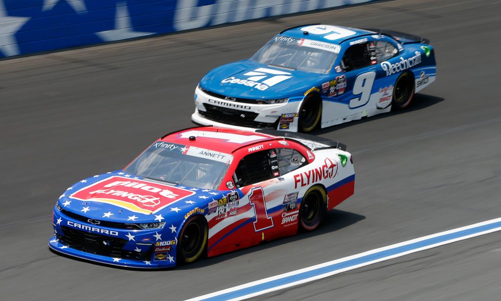CHARLOTTE, NORTH CAROLINA - MAY 25: Michael Annett, driver of the #1 Pilot/Flying J Chevrolet, leads, Noah Gragson, driver of the #9 Cessna Chevrolet, during the NASCAR Xfinity Series Alsco 300 at Charlotte Motor Speedway on May 25, 2019 in Charlotte, North Carolina. (Photo by Brian Lawdermilk/Getty Images) | Getty Images