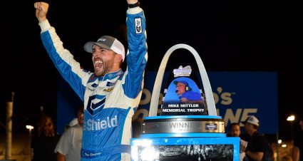 MADISON, IL - JUNE 22: Ross Chastain, driver of the CarSheild.com Chevrolet, celebrates in victory lane after winning the NASCAR Gander Outdoors Truck Series CarShield 200 presented by CK at Gateway Motorsports Park on June 22, 2019 in Madison, Illinois. (Photo by Jeff Curry/Getty Images) | Getty Images