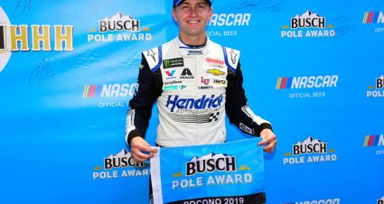 LONG POND, PENNSYLVANIA - JUNE 01: William Byron, driver of the #24 Hendrick Autoguard Chevrolet, poses with the Busch Pole Award after posting the quickest lap during qualifying for the Monster Energy NASCAR Cup Series Pocono 400 at Pocono Raceway on June 01, 2019 in Long Pond, Pennsylvania. (Photo by Jared C. Tilton/Getty Images) | Getty Images