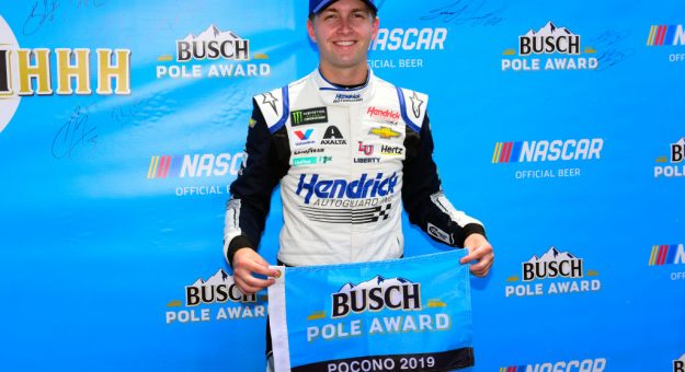 LONG POND, PENNSYLVANIA - JUNE 01: William Byron, driver of the #24 Hendrick Autoguard Chevrolet, poses with the Busch Pole Award after posting the quickest lap during qualifying for the Monster Energy NASCAR Cup Series Pocono 400 at Pocono Raceway on June 01, 2019 in Long Pond, Pennsylvania. (Photo by Jared C. Tilton/Getty Images) | Getty Images