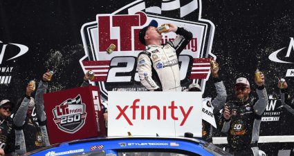 BROOKLYN, MICHIGAN - JUNE 08: Tyler Reddick, driver of the #2 KC Motorgroup Chevrolet, celebrates in Victory Lane after winning the NASCAR Xfinity Series LTi Printing 250 at Michigan International Speedway on June 08, 2019 in Brooklyn, Michigan. (Photo by Logan Riely/Getty Images) | Getty Images