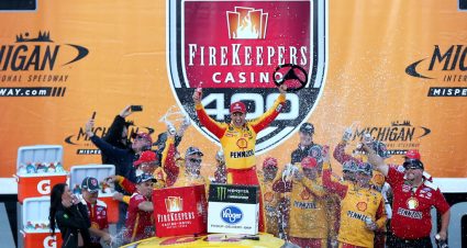 BROOKLYN, MICHIGAN - JUNE 10: Joey Logano, driver of the #22 Shell Pennzoil Ford, celebrates in Victory Lane after winning the Monster Energy NASCAR Cup Series FireKeepers Casino 400 at Michigan International Speedway on June 10, 2019 in Brooklyn, Michigan. (Photo by Matt Sullivan/Getty Images) | Getty Images