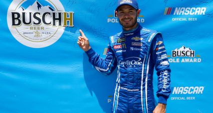 SONOMA, CALIFORNIA - JUNE 22: Kyle Larson, driver of the #42 Credit One Bank Chevrolet, celebrates after posting the quickest lap during qualifying for the Monster Energy NASCAR Cup Series Toyota/Save Mart 350 at Sonoma Raceway on June 22, 2019 in Sonoma, California. (Photo by Jonathan Ferrey/Getty Images) | Getty Images