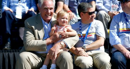 SONOMA, CALIFORNIA - JUNE 23: Fox sports broadcaster Darrel Waltrip holds his grand daughter, Luisa Ellen,  at the driver's meeting after being honored on his retiremnt for 19 years of broadcasting NASCAR before  the Monster Energy NASCAR Cup Series Toyota/Save Mart 350 at Sonoma Raceway on June 23, 2019 in Sonoma, California. (Photo by Jonathan Ferrey/Getty Images) | Getty Images