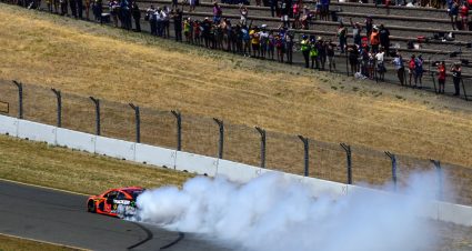 SONOMA, CALIFORNIA - JUNE 23: Martin Truex Jr., driver of the #19 Bass Pro Shops Toyota, celebrates with a burnout after winning the Monster Energy NASCAR Cup Series Toyota/Save Mart 350 at Sonoma Raceway on June 23, 2019 in Sonoma, California. (Photo by Jared C. Tilton/Getty Images) | Getty Images