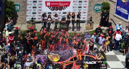 SONOMA, CALIFORNIA - JUNE 23: Martin Truex Jr., driver of the #19 Bass Pro Shops Toyota, celebrates in Victory Lane after winning the Monster Energy NASCAR Cup Series Toyota/Save Mart 350 at Sonoma Raceway on June 23, 2019 in Sonoma, California. (Photo by Jared C. Tilton/Getty Images) | Getty Images