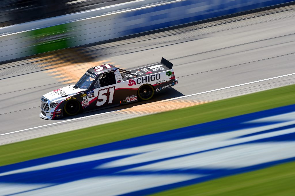 JOLIET, ILLINOIS - JUNE 27: Brandon Jones, driver of the #51 Chigo/Menards Toyota, practices for the NASCAR Gander Outdoors Truck Series Camping World 225 at Chicagoland Speedway on June 27, 2019 in Joliet, Illinois. (Photo by Jared C. Tilton/Getty Images) | Getty Images