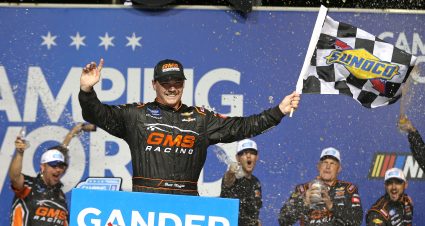 JOLIET, ILLINOIS - JUNE 28: Brett Moffitt, driver of the #24 GMS Chevrolet, celebrates in Victory Lane after winning the NASCAR Gander Outdoors Truck Series Camping World 225 at Chicagoland Speedway on June 28, 2019 in Joliet, Illinois. (Photo by Matt Sullivan/Getty Images) | Getty Images