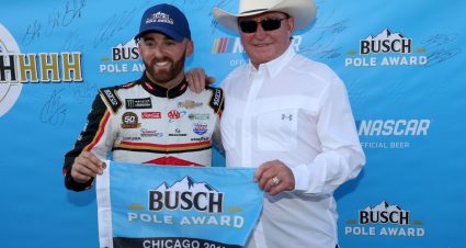 JOLIET, ILLINOIS - JUNE 29: Austin Dillon, driver of the #3 Dow Univar Solutions Chevrolet, poses with his grandfather and team owner, Richard Childress, after posting the quickest lap during qualifying for the Monster Energy NASCAR Cup Series Camping World 400 at Chicagoland Speedway on June 29, 2019 in Joliet, Illinois. (Photo by Jonathan Daniel/Getty Images) | Getty Images