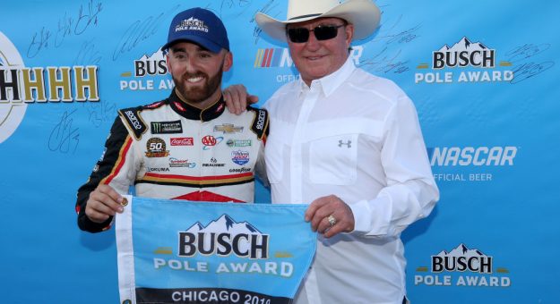 JOLIET, ILLINOIS - JUNE 29: Austin Dillon, driver of the #3 Dow Univar Solutions Chevrolet, poses with his grandfather and team owner, Richard Childress, after posting the quickest lap during qualifying for the Monster Energy NASCAR Cup Series Camping World 400 at Chicagoland Speedway on June 29, 2019 in Joliet, Illinois. (Photo by Jonathan Daniel/Getty Images) | Getty Images