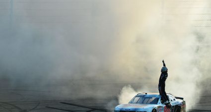 NEWTON, IA - JULY 27: Chase Briscoe, driver of the #98 Ford Performance Ford, celebrates with a burn out after winning the NASCAR Xfinity Series U.S. Cellular 250 at Iowa Speedway on July 27, 2019 in Newton, Iowa. (Photo by Jeff Curry/Getty Images) | Getty Images
