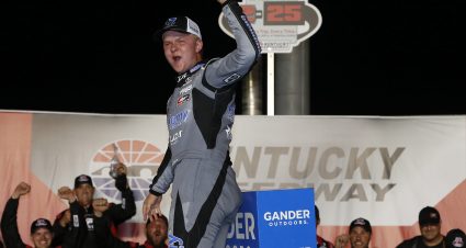 SPARTA, KENTUCKY - JULY 11: Tyler Ankrum, driver of the #17 Acadmey Sports  Outdoors/RAILBLAZA Toyota, celebrates in Victory Lane after winning the NASCAR Gander Outdoor Truck Series Buckle Up In Your Truck 225 at Kentucky Speedway on July 11, 2019 in Sparta, Kentucky. (Photo by Brian Lawdermilk/Getty Images) | Getty Images