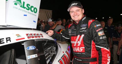 SPARTA, KENTUCKY - JULY 12: Cole Custer, driver of the #00 Haas Automation Ford, poses with the winner's sticker in Victory Lane after the NASCAR Xfinity Series Alsco 300 at Kentucky Speedway on July 12, 2019 in Sparta, Kentucky. (Photo by Matt Sullivan/Getty Images) | Getty Images
