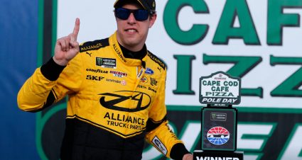 LOUDON, NEW HAMPSHIRE - JULY 19: Brad Keselowski, driver of the #2 Alliance Truck Parts Ford, celebrates with the Pole Award qualifying for the Monster Energy NASCAR Cup Series Foxwoods Resort Casino 301 at New Hampshire Motor Speedway on July 19, 2019 in Loudon, New Hampshire. (Photo by Brian Lawdermilk/Getty Images) | Getty Images