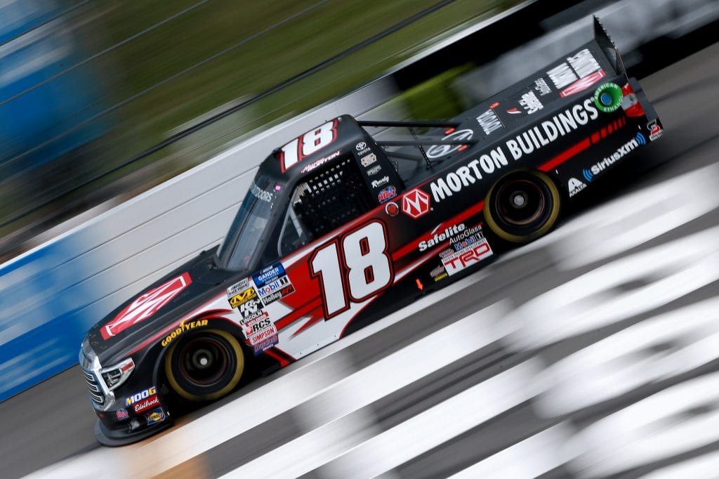 LONG POND, PENNSYLVANIA - JULY 26: Harrison Burton, driver of the #18 Morton Buildings Toyota, practices for the NASCAR Gander Outdoors Truck Series Gander RV 150 at Pocono Raceway on July 26, 2019 in Long Pond, Pennsylvania. (Photo by Sean Gardner/Getty Images) | Getty Images