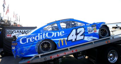 LONG POND, PENNSYLVANIA - JULY 27: The car of Kyle Larson, driver of the #42 Credit One Bank Chevrolet,  is unloaded in the garage after in incident during practice for the Monster Energy NASCAR Cup Series Gander RV 400 at Pocono Raceway on July 27, 2019 in Long Pond, Pennsylvania. (Photo by Chris Trotman/Getty Images) | Getty Images