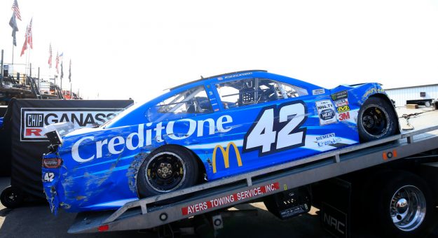 LONG POND, PENNSYLVANIA - JULY 27: The car of Kyle Larson, driver of the #42 Credit One Bank Chevrolet,  is unloaded in the garage after in incident during practice for the Monster Energy NASCAR Cup Series Gander RV 400 at Pocono Raceway on July 27, 2019 in Long Pond, Pennsylvania. (Photo by Chris Trotman/Getty Images) | Getty Images