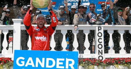 LONG POND, PENNSYLVANIA - JULY 27: Ross Chastain, driver of the #45 Niece/Acurlite Chevrolet, celebrates in Victory Lane after winning the NASCAR Gander Outdoors Truck Series Gander RV 150 at Pocono Raceway on July 27, 2019 in Long Pond, Pennsylvania. (Photo by Sean Gardner/Getty Images) | Getty Images