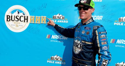 LONG POND, PENNSYLVANIA - JULY 27: Kevin Harvick, driver of the #4 Busch Beer Gen X Ford, celebrates with the Busch Pole Award after qualifying for the Monster Energy NASCAR Cup Series Gander RV 400 at Pocono Raceway on July 27, 2019 in Long Pond, Pennsylvania. (Photo by Sean Gardner/Getty Images) | Getty Images