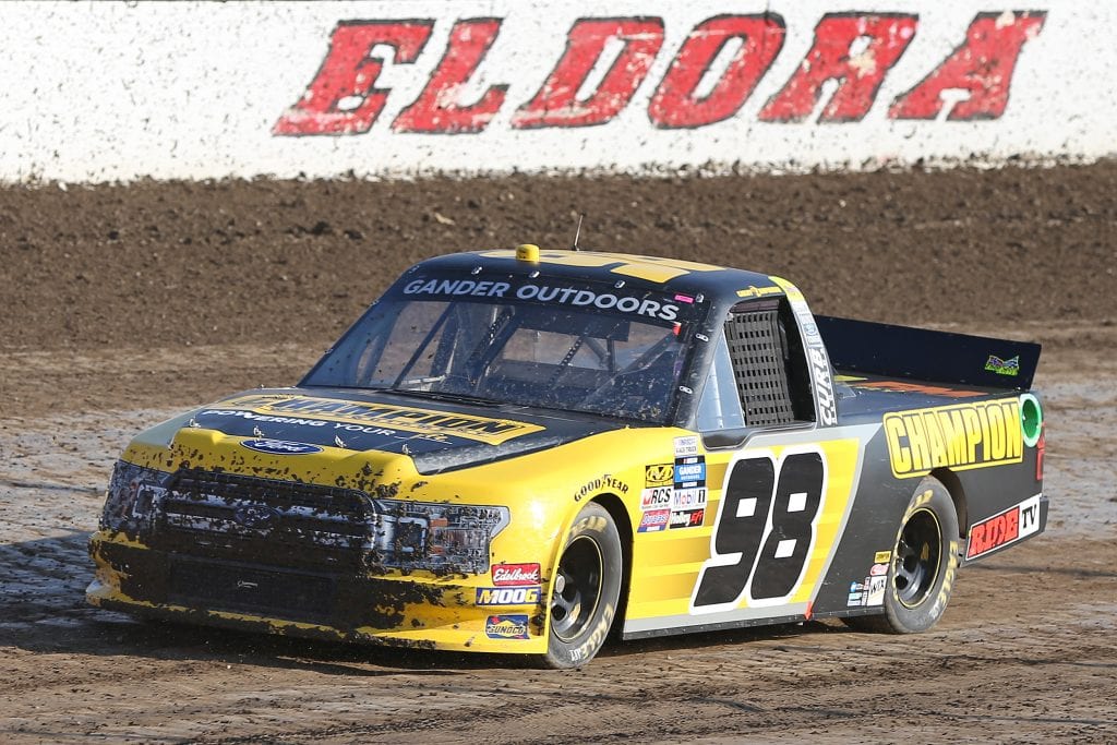 ROSSBURG, OHIO - JULY 31: Grant Enfinger, driver of the #98 Champion Power Equipment Ford, drives during practice for the NASCAR Gander Outdoor Truck Series Eldora Dirt Derby at Eldora Speedway on July 31, 2019 in Rossburg, Ohio. (Photo by Matt Sullivan/Getty Images) | Getty Images