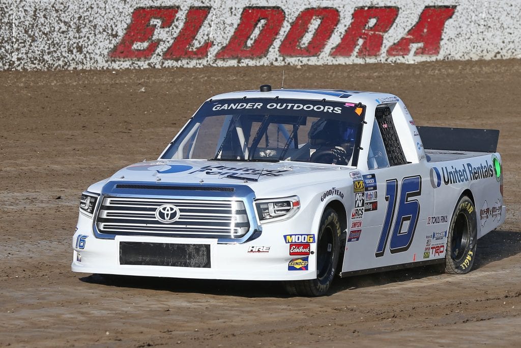 ROSSBURG, OHIO - JULY 31: Austin Hill, driver of the #16 United Rentals Toyota, drives during practice for the NASCAR Gander Outdoor Truck Series Eldora Dirt Derby at Eldora Speedway on July 31, 2019 in Rossburg, Ohio. (Photo by Matt Sullivan/Getty Images) | Getty Images