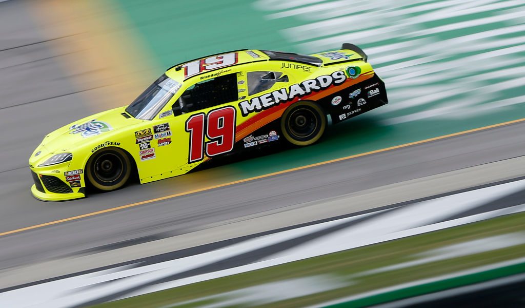 SPARTA, KENTUCKY - JULY 11: Brandon Jones, driver of the #19 Menards/Swiffer Toyota, drives during practice for the NASCAR Xfinity Series Alsco 300 at Kentucky Speedway on July 11, 2019 in Sparta, Kentucky. (Photo by Brian Lawdermilk/Getty Images)