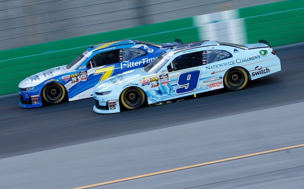 SPARTA, KENTUCKY - JULY 12: Justin Allgaier, driver of the #7 FilterTime Chevrolet, races, Noah Gragson, driver of the #9 Nationwide Children's Chevrolet, during the NASCAR Xfinity Series Alsco 300 at Kentucky Speedway on July 12, 2019 in Sparta, Kentucky. (Photo by Brian Lawdermilk/Getty Images) | Getty Images