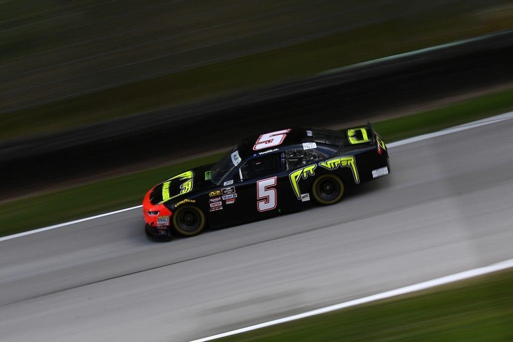 ELKHART LAKE, WISCONSIN - AUGUST 23: Vinnie Miller, driver of the #5 Pit Viper Sunglasses Chevrolet, drives during practice for the NASCAR Xfinity Series CTECH Manufacturing 180 at Road America on August 23, 2019 in Elkhart Lake, Wisconsin. (Photo by Stacy Revere/Getty Images) | Getty Images