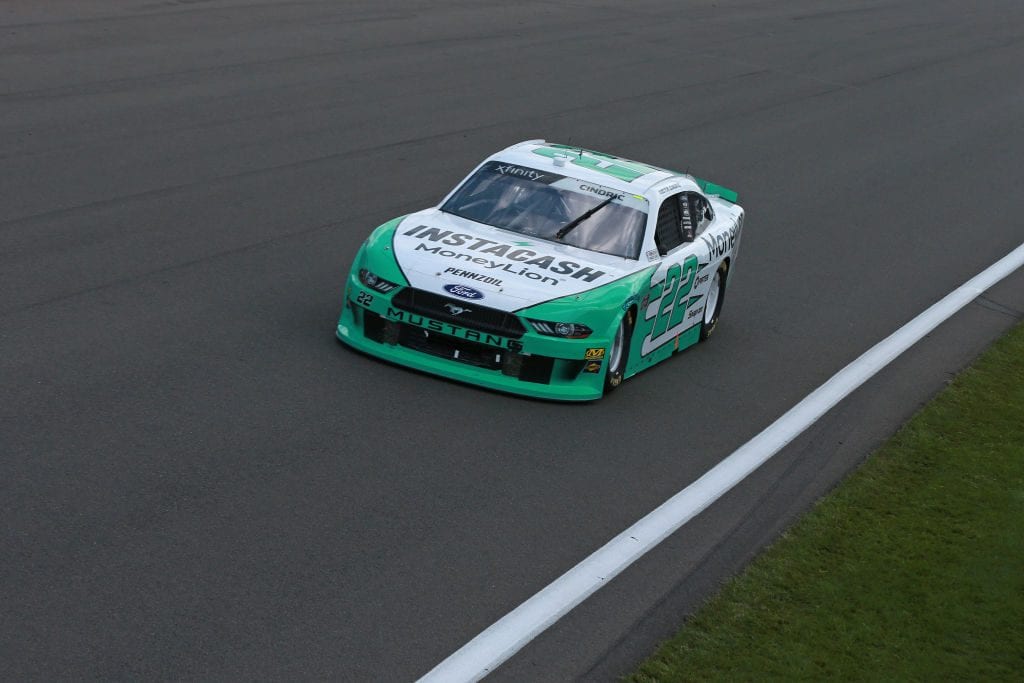 WATKINS GLEN, NEW YORK - AUGUST 03: Austin Cindric, driver of the #22 MoneyLion Ford, leads a pack of cars during the NASCAR Xfinity Series Zippo 200 at The Glen at Watkins Glen International on August 03, 2019 in Watkins Glen, New York. (Photo by Sean Gardner/Getty Images) | Getty Images