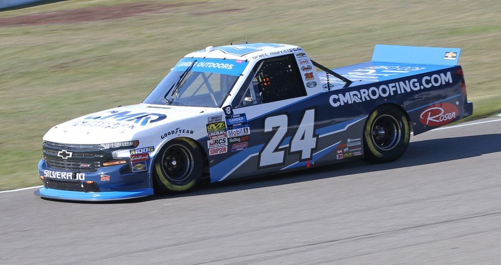 BOWMANVILLE, ON - AUGUST 25: Brett Moffitt #24 driving the CMR Construction & Roofing Chevrolet qualifies on the pole for the Chevrolet Silverado 250 Gander Nascar Outdoor Truck Series event at Canadian Tire Motorsport Park on August 25, 2019 in Bowmanville, Ontario, Canada. (Photo by Claus Andersen/Getty Images) | Getty Images