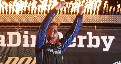 ROSSBURG, OHIO - AUGUST 01: Stewart Friesen, driver of the #52 Halmar International Chevrolet, celebrates in Victory Lane after winning the NASCAR Gander Outdoor Truck Series Eldora Dirt Derby at Eldora Speedway on August 01, 2019 in Rossburg, Ohio. (Photo by Matt Sullivan/Getty Images) | Getty Images