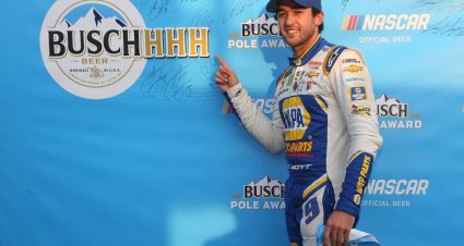 WATKINS GLEN, NEW YORK - AUGUST 03: Chase Elliott, driver of the #9 NAPA AUTO PARTS ChevroletChase Elliott, driver of the #9 NAPA AUTO PARTS Chevrolet,poses with the pole award after qualifying for the Monster Energy NASCAR Cup Series Go Bowling at The Glen at Watkins Glen International on August 03, 2019 in Watkins Glen, New York. (Photo by Brian Lawdermilk/Getty Images) | Getty Images