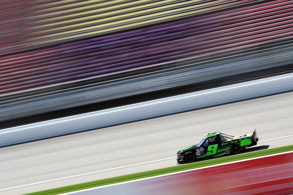BROOKLYN, MICHIGAN - AUGUST 09: Codie Rohrbaugh, driver of the #9 Grant County Mulch Chevrolet, drives during practice for the NASCAR Gander Outdoor Truck Series Corrigan Oil 200 at Michigan International Speedway on August 09, 2019 in Brooklyn, Michigan. (Photo by Stacy Revere/Getty Images) | Getty Images