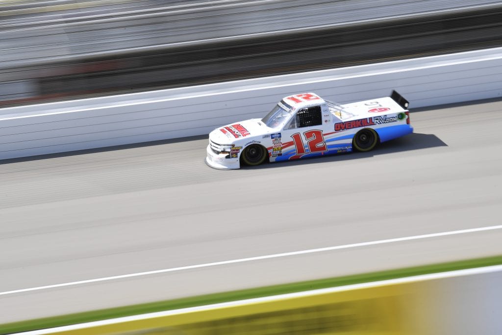 BROOKLYN, MICHIGAN - AUGUST 09: Gus Dean, driver of the #12 OverkillRV.com Chevrolet, drives during practice for the NASCAR Gander Outdoor Truck Series Corrigan Oil 200 at Michigan International Speedway on August 09, 2019 in Brooklyn, Michigan. (Photo by Quinn Harris/Getty Images) | Getty Images