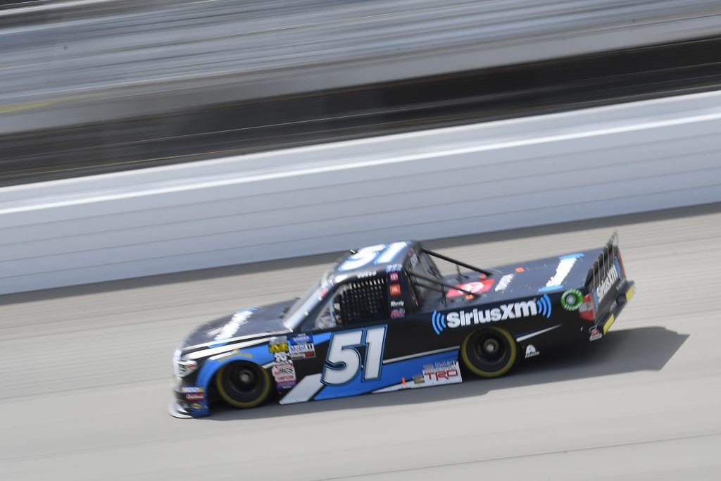 BROOKLYN, MICHIGAN - AUGUST 09: Cody Ware, driver of the #51 JACOB COMPANIES Ford, drives during practice for the NASCAR Gander Outdoor Truck Series Corrigan Oil 200 at Michigan International Speedway on August 09, 2019 in Brooklyn, Michigan. (Photo by Quinn Harris/Getty Images) | Getty Images
