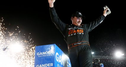 BRISTOL, TENNESSEE - AUGUST 15: Brett Moffitt, driver of the #24 Midnight Moon Moonshine Chevrolet, celebrates in victory lane after winning the NASCAR Gander Outdoor Truck Series UNOH 200 presented by Ohio Logistics at Bristol Motor Speedway on August 15, 2019 in Bristol, Tennessee. (Photo by Brian Lawdermilk/Getty Images) | Getty Images
