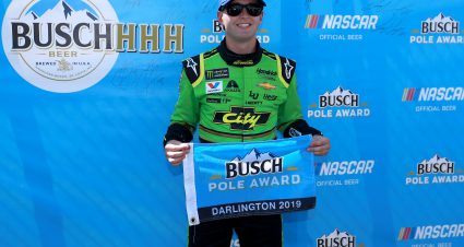 DARLINGTON, SOUTH CAROLINA - AUGUST 31: William Byron, driver of the #24 HendrickAutoguard/CityChvrltThrwbck Chev, celebrates with the pole award after qualifying for the Monster Energy NASCAR Cup Series Bojangles' Southern 500 at Darlington Raceway on August 31, 2019 in Darlington, South Carolina. (Photo by Sean Gardner/Getty Images) | Getty Images