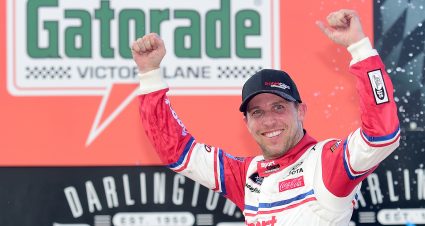 DARLINGTON, SOUTH CAROLINA - AUGUST 31: Denny Hamlin, driver of the #18 Sport Clips Toyota, celebrates in Victory Lane after winning the NASCAR Xfinity Series Sport Clips Haircuts VFW 200 at Darlington Raceway on August 31, 2019 in Darlington, South Carolina. (Photo by Jared C. Tilton/Getty Images) | Getty Images
