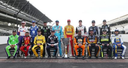 INDIANAPOLIS, INDIANA - SEPTEMBER 08: Ryan Newman, driver of the #6 Acorns Ford, Kyle Larson, driver of the #42 McDonald's Chevrolet, Erik Jones, driver of the #20 STANLEY Wish For Our Heros Toyota, William Byron, driver of the #24 Liberty University Chevrolet, Martin Truex Jr, driver of the #19 AOI Toyota, Clint Bowyer, driver of the #14 Rush/Cummins Ford, Ryan Blaney, driver of the #12 Wabash National Ford, Chase Elliott, driver of the #9 NAPA AUTO PARTS Chevrolet, Denny Hamlin, driver of the #11 FedEx Express Toyota, Alex Bowman, driver of the #88 Nationwide Chevrolet, Kurt Busch, driver of the #1 Monster Energy Chevrolet, Kyle Busch, driver of the #18 M&M's Toyota, Joey Logano, driver of the #22 Shell Pennzoil Ford, Brad Keselowski, driver of the #2 Discount Tire Ford, Kevin Harvick, driver of the #4 Mobil 1 Ford, Aric Almirola, driver of the #10 Smithfield/Meijer Ford, during the Monster Energy NASCAR Cup Series Big Machine Vodka 400 at the Brickyard at Indianapolis Motor Speedway on September 08, 2019 in Indianapolis, Indiana. (Photo by Brian Lawdermilk/Getty Images) | Getty Images